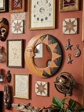 Wooden Sun and Moon wall hanging mirror Celestial decor Hand Painted